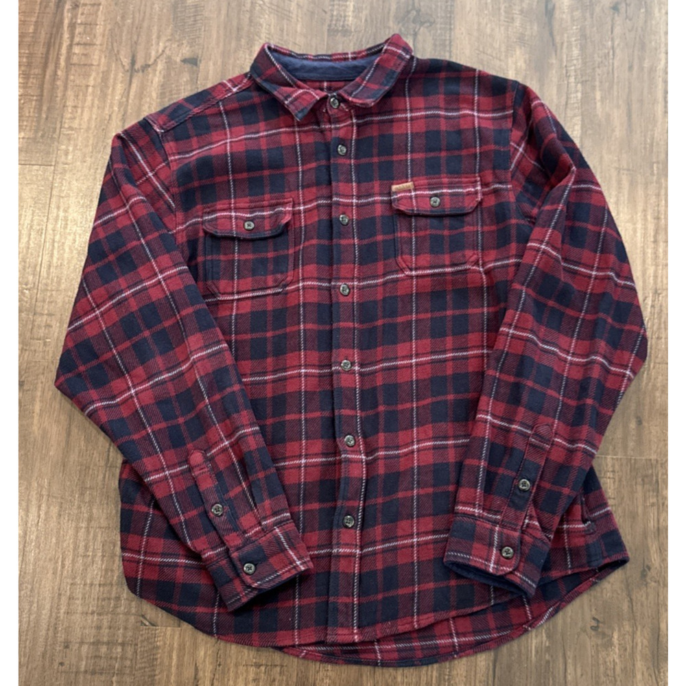 Orvis Shirt Mens XL Red Navy Blue Plaid Flannel Button Up Outdoors Heavyweight
